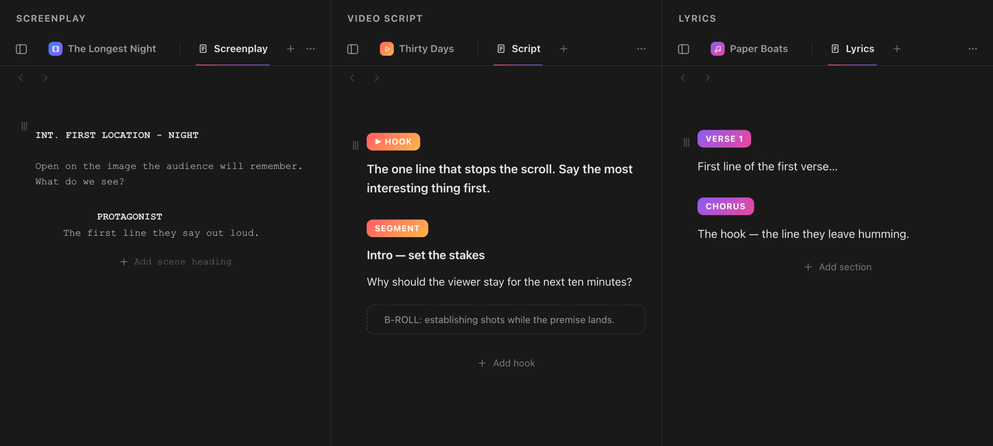 The same writing tab in three projects: a screenplay with a slug line and centred character name, a video script with hook and segment blocks, and a lyric sheet with verse and chorus sections.