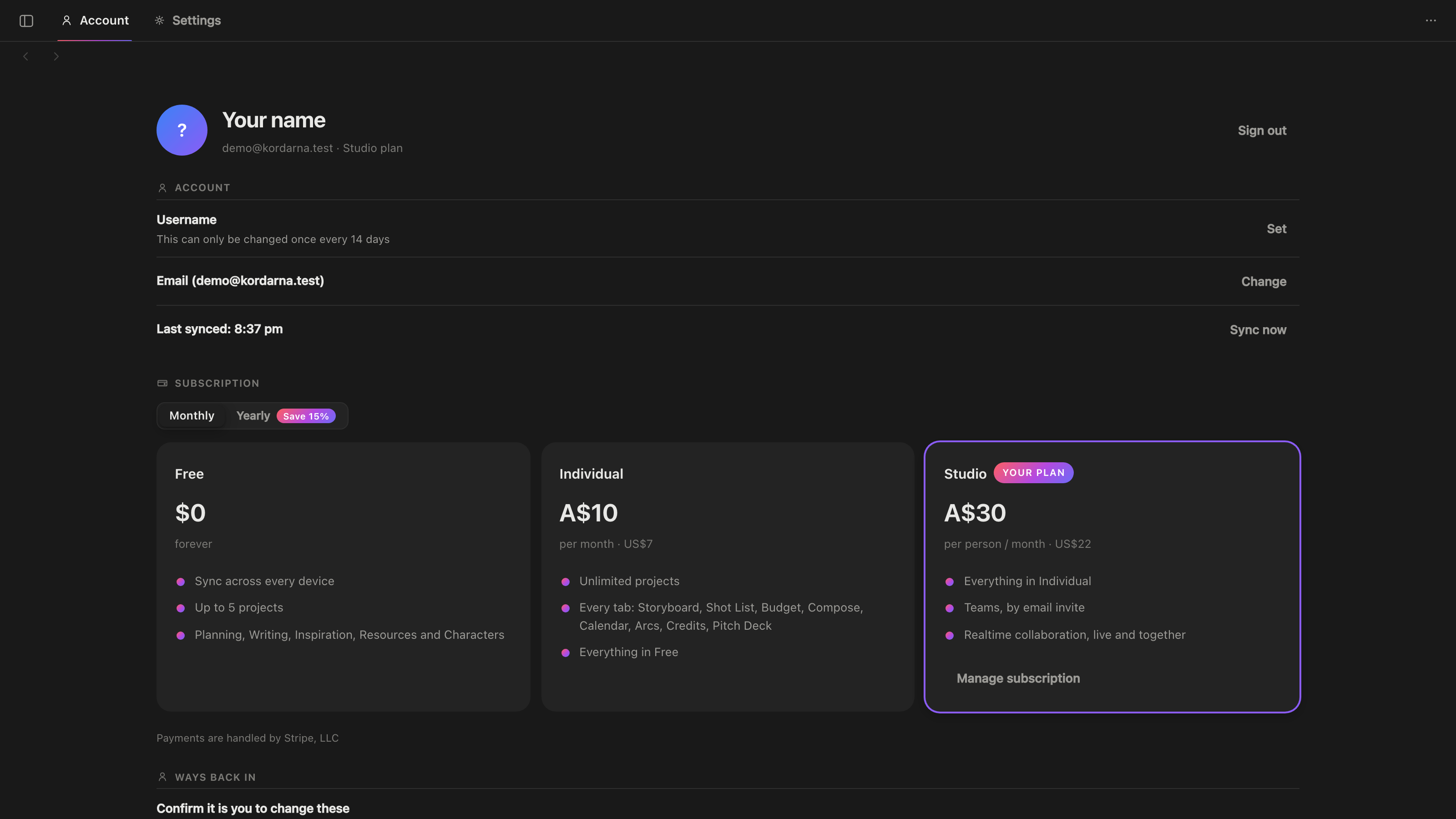 The Account page in dark: three plan cards with a monthly and yearly switch, the current plan ringed.