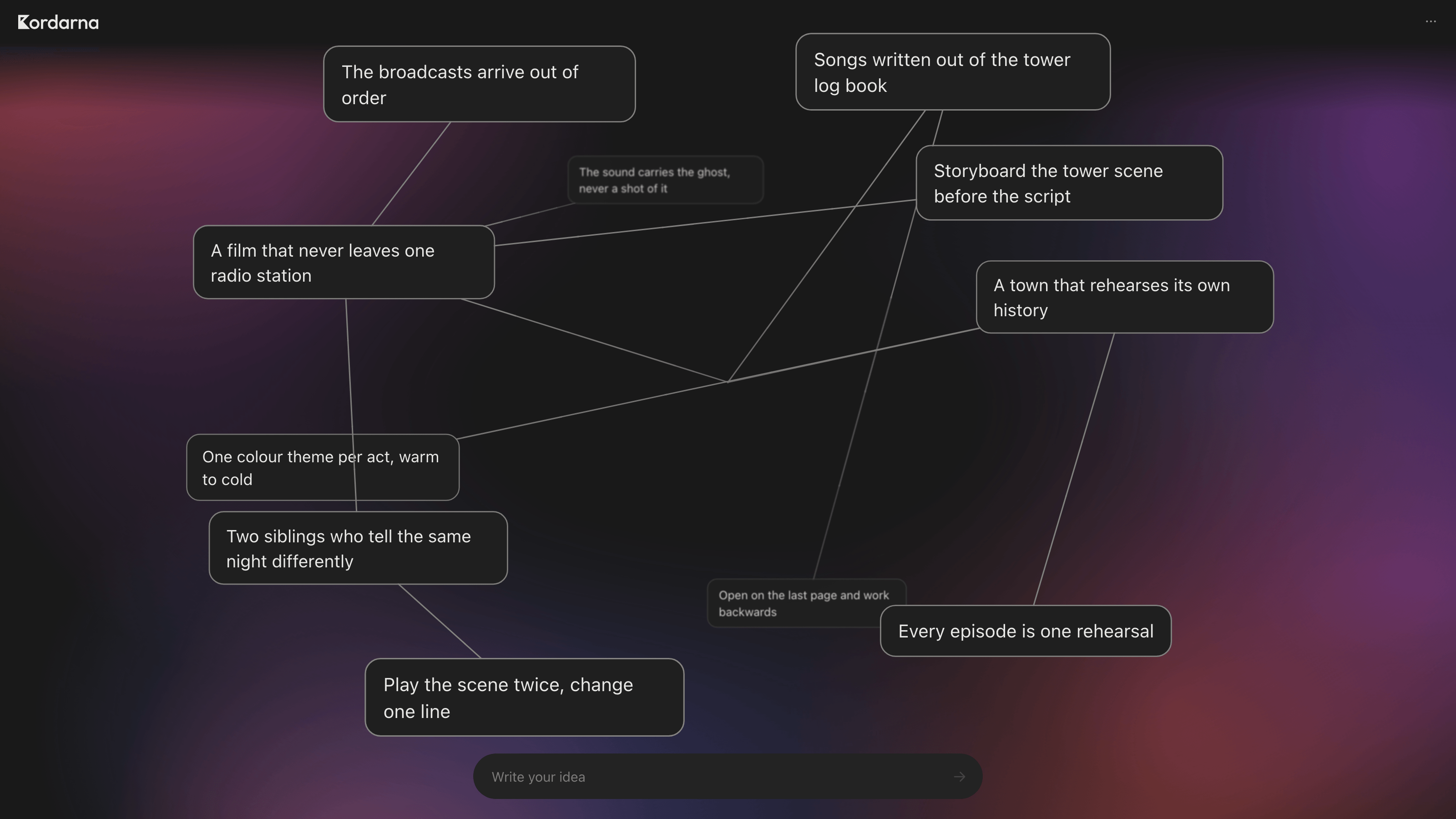 The Ideas page in dark: outlined cards on the surface of a sphere, joined by lines, with a field at the bottom to add another.
