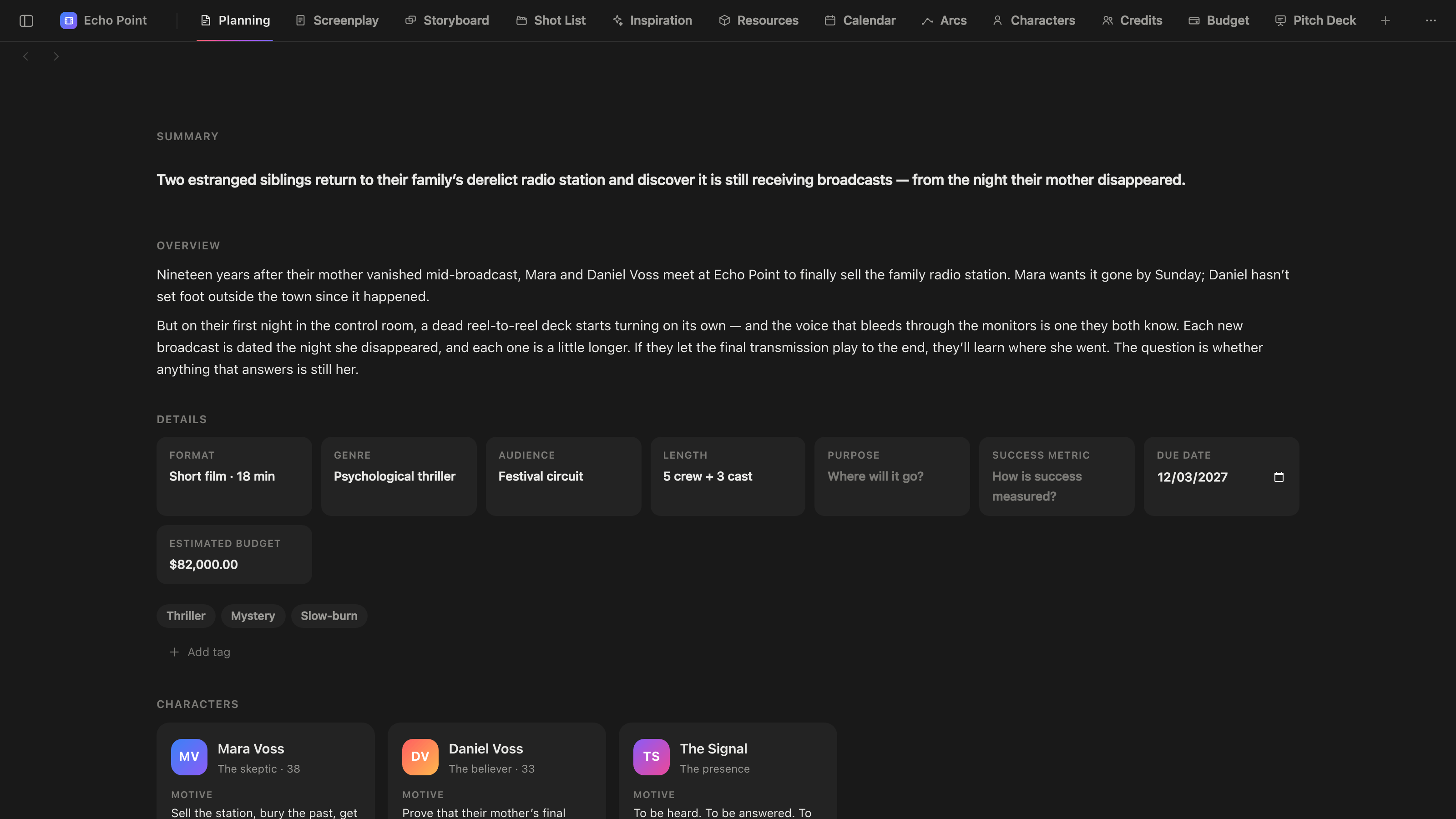 The Planning tab in dark: the logline and overview above a grid of questions, with the due date and the estimated budget beside them.