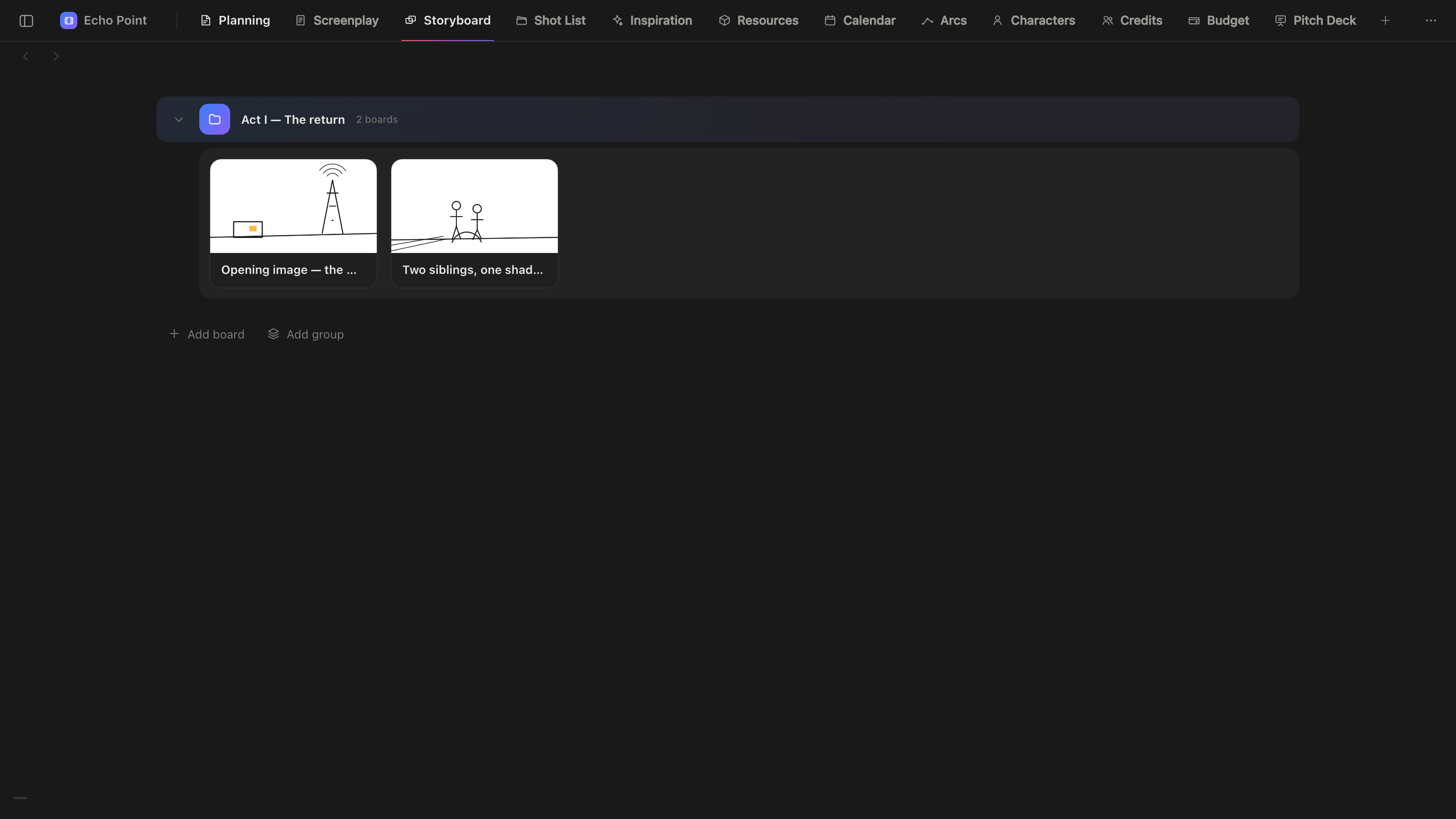 The Storyboard tab in dark: a group holding two drawn frames on a soft floor, with Add board and Add group beneath.