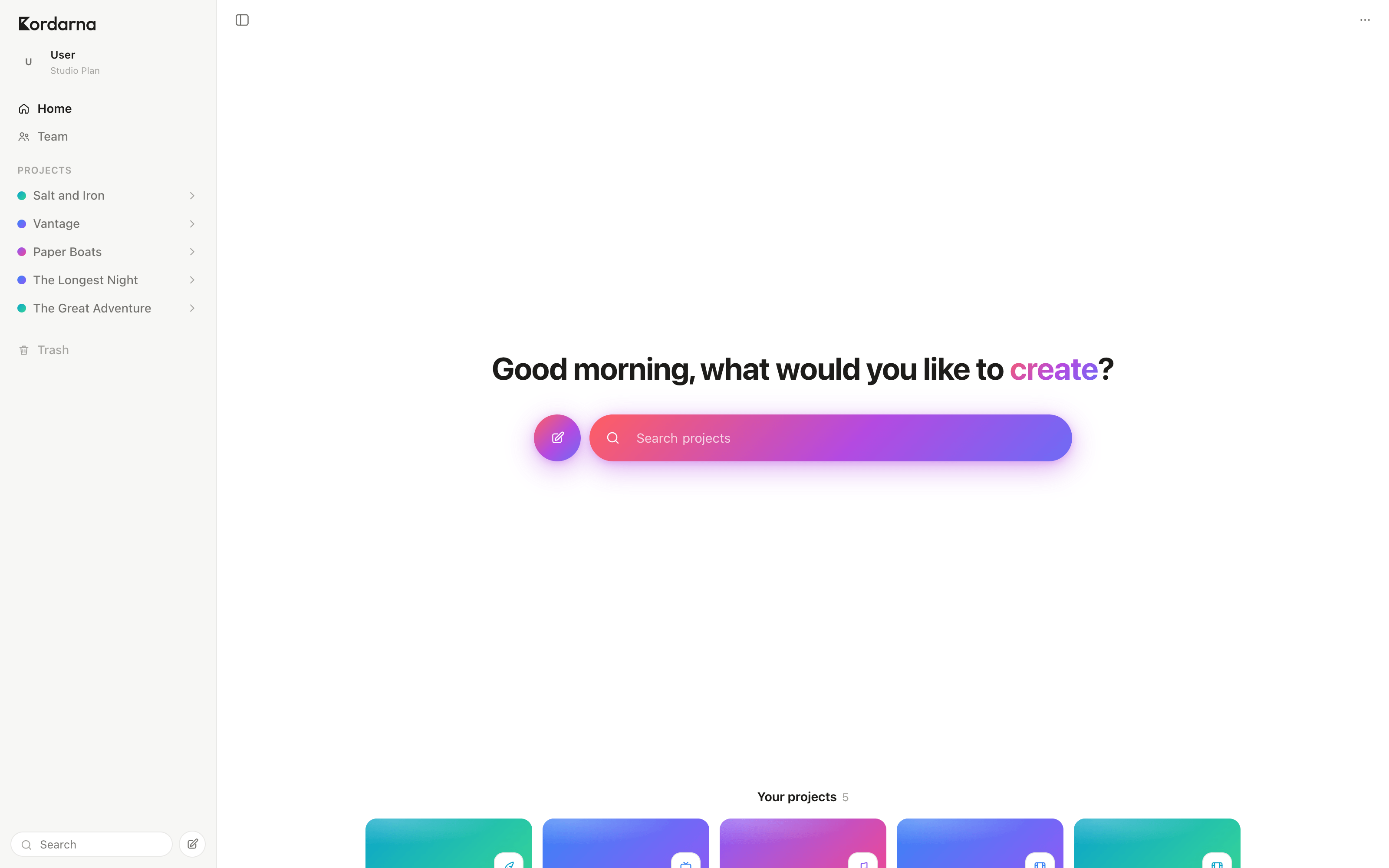 The Kordarna launch screen: a greeting over a gradient, a search bar, and project cards.