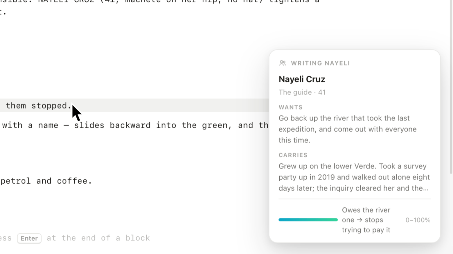 The screenplay editor with the writing companion card open beside the line being written, showing Nayeli Cruz’s wants, her backstory and her arc.